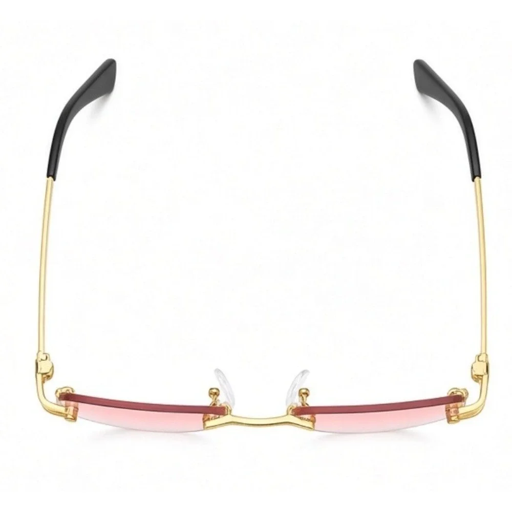Men Sunglasses Pink Lens Rimless Diamond Cut Gold Frame UV400 Protect Hip Hop